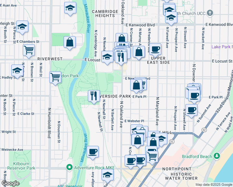 map of restaurants, bars, coffee shops, grocery stores, and more near 2729 North Oakland Avenue in Milwaukee