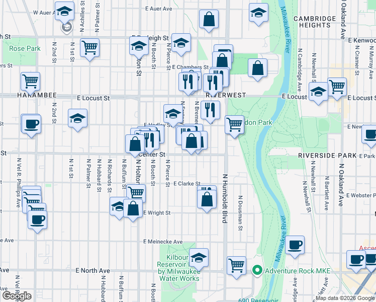 map of restaurants, bars, coffee shops, grocery stores, and more near 2720 North Fratney Street in Milwaukee