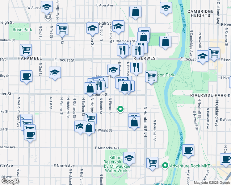 map of restaurants, bars, coffee shops, grocery stores, and more near 2720 North Fratney Street in Milwaukee