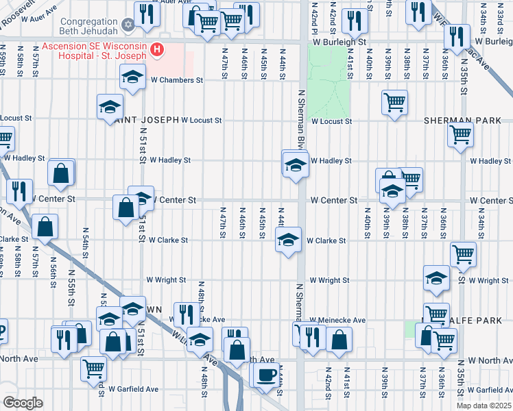 map of restaurants, bars, coffee shops, grocery stores, and more near 4519 West Center Street in Milwaukee