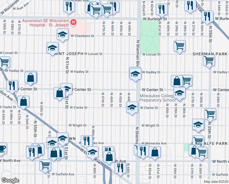 map of restaurants, bars, coffee shops, grocery stores, and more near 4519 West Center Street in Milwaukee