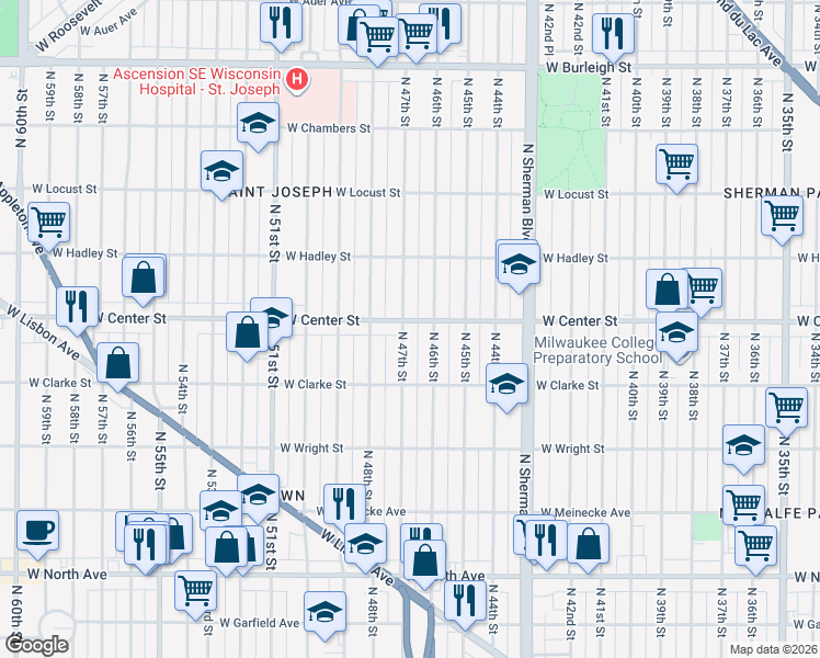 map of restaurants, bars, coffee shops, grocery stores, and more near 4630 West Center Street in Milwaukee