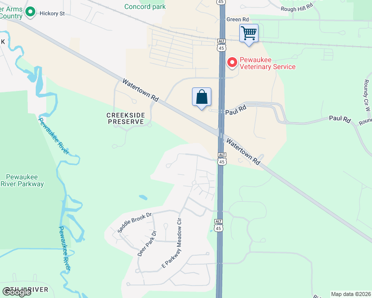 map of restaurants, bars, coffee shops, grocery stores, and more near N26W24160 River Park Drive in Pewaukee