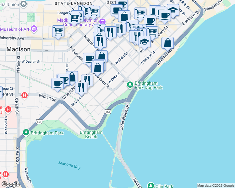 map of restaurants, bars, coffee shops, grocery stores, and more near 427 West Wilson Street in Madison