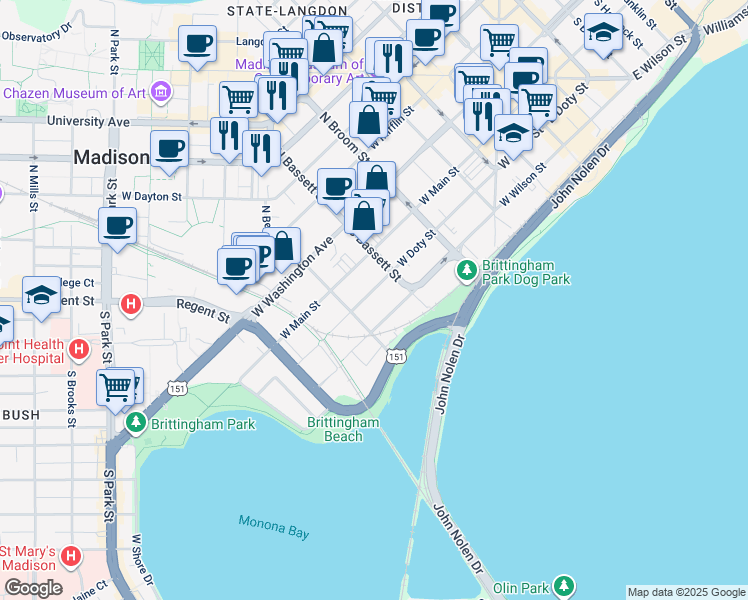 map of restaurants, bars, coffee shops, grocery stores, and more near 524 West Doty Street in Madison