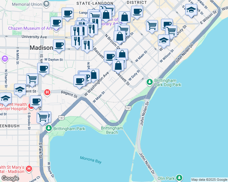 map of restaurants, bars, coffee shops, grocery stores, and more near 551 West Main Street in Madison