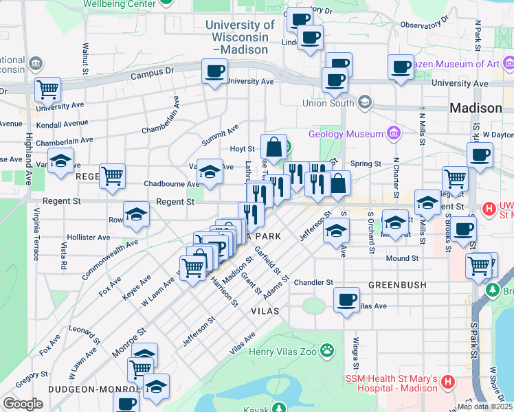 map of restaurants, bars, coffee shops, grocery stores, and more near in Madison
