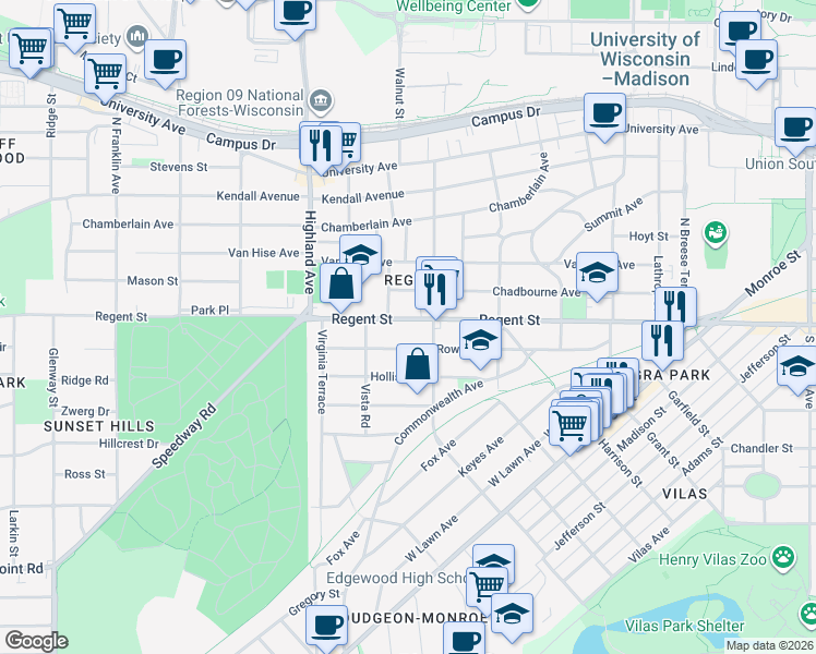 map of restaurants, bars, coffee shops, grocery stores, and more near 2224 Regent Street in Madison