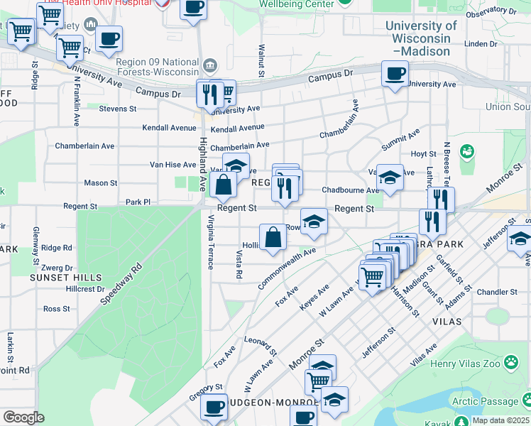 map of restaurants, bars, coffee shops, grocery stores, and more near 2224 Regent Street in Madison