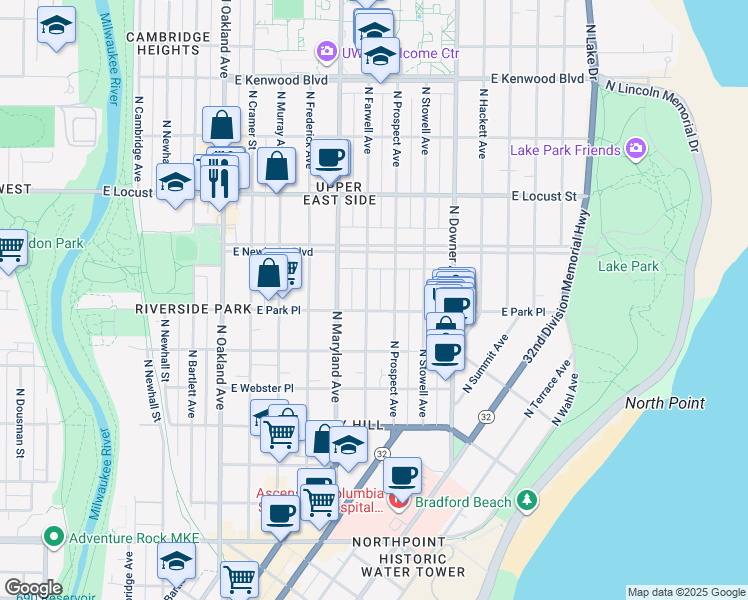 map of restaurants, bars, coffee shops, grocery stores, and more near 2712 North Farwell Avenue in Milwaukee