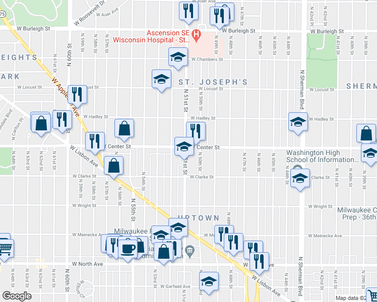 map of restaurants, bars, coffee shops, grocery stores, and more near 5029-5031 West Center Street in Milwaukee