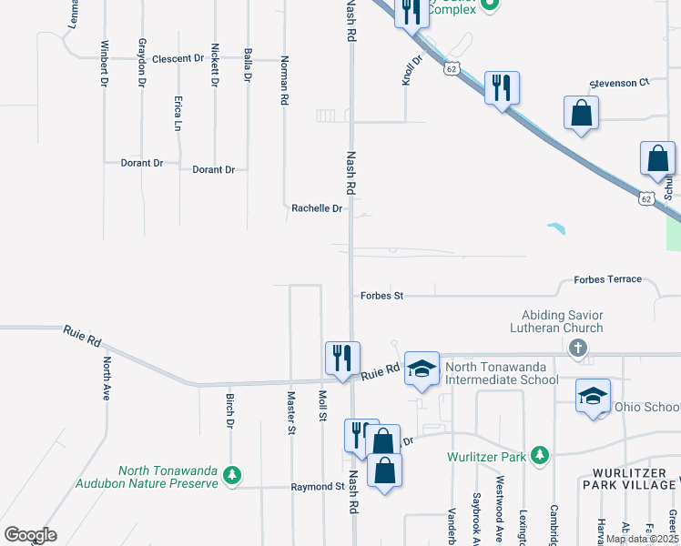 map of restaurants, bars, coffee shops, grocery stores, and more near 1828 Nash Road in North Tonawanda