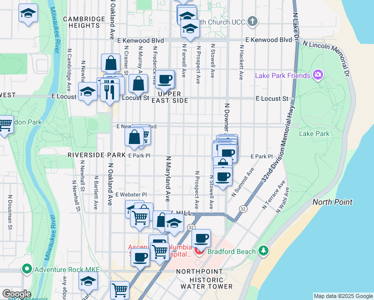 map of restaurants, bars, coffee shops, grocery stores, and more near 2723 North Farwell Avenue in Milwaukee