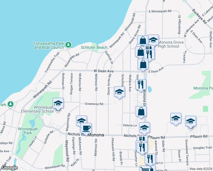 map of restaurants, bars, coffee shops, grocery stores, and more near 4801 Shore Acres Road in Monona