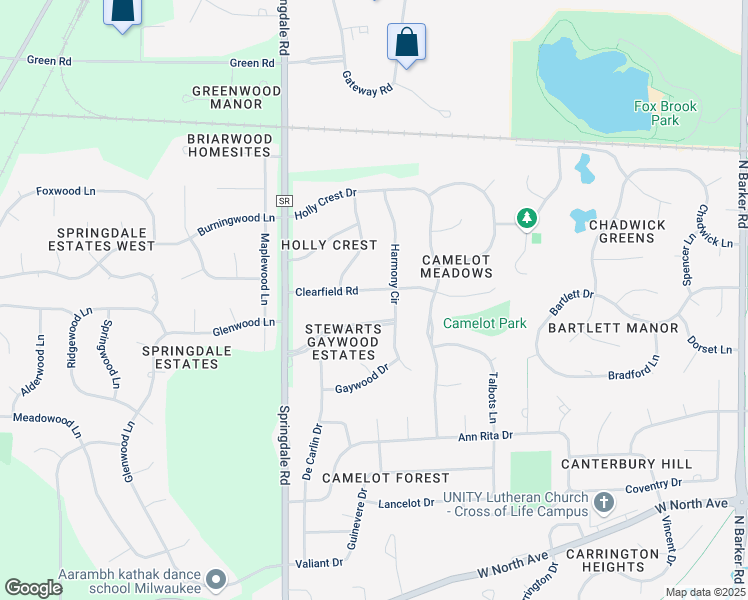 map of restaurants, bars, coffee shops, grocery stores, and more near 21705 Clearfield Road in Brookfield