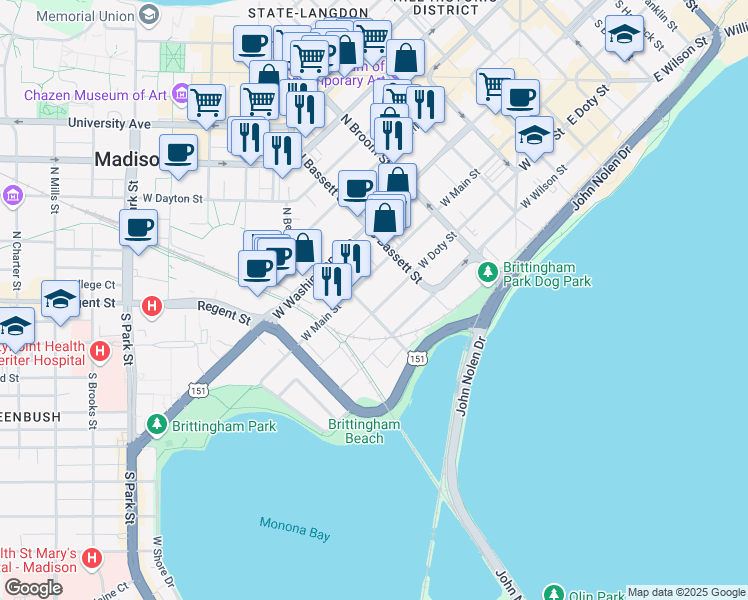 map of restaurants, bars, coffee shops, grocery stores, and more near 546 West Doty Street in Madison