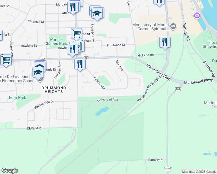 map of restaurants, bars, coffee shops, grocery stores, and more near 5965 Crimson Drive in Niagara Falls
