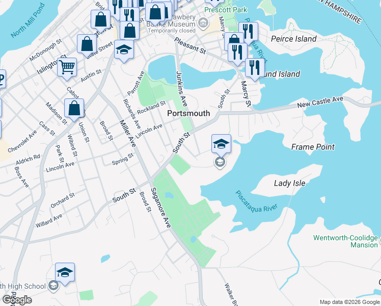 map of restaurants, bars, coffee shops, grocery stores, and more near 62 Haven Road in Portsmouth
