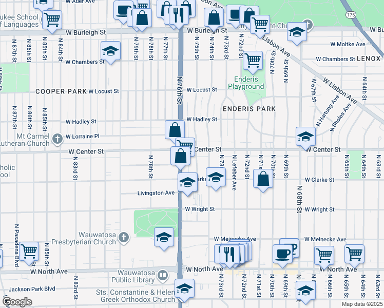 map of restaurants, bars, coffee shops, grocery stores, and more near 7519 West Center Street in Wauwatosa