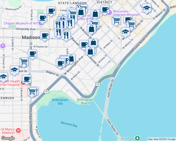 map of restaurants, bars, coffee shops, grocery stores, and more near 542 West Doty Street in Madison