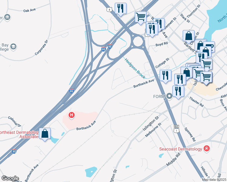 map of restaurants, bars, coffee shops, grocery stores, and more near 78 Coakley Road in Portsmouth