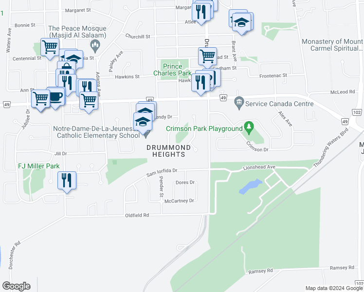 map of restaurants, bars, coffee shops, grocery stores, and more near 7610 Wilson Crescent in Niagara Falls