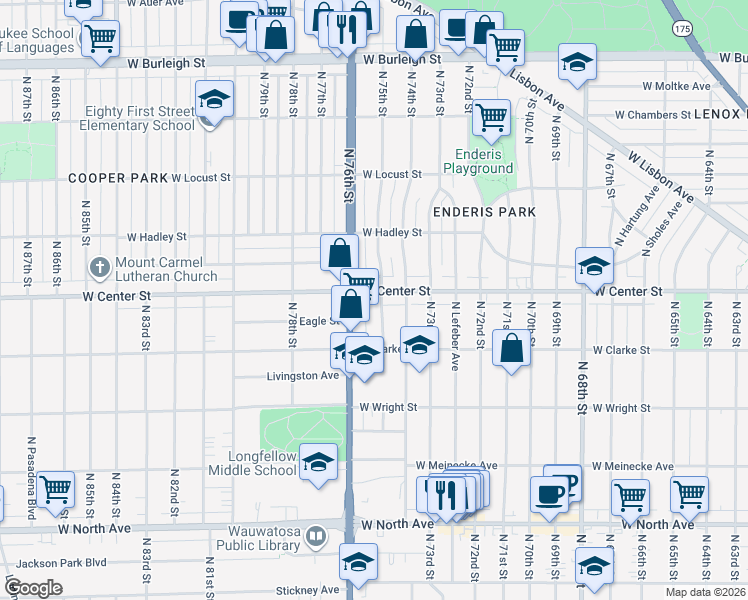 map of restaurants, bars, coffee shops, grocery stores, and more near 7515 West Center Street in Wauwatosa
