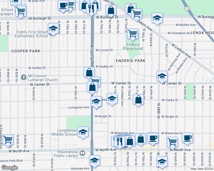 map of restaurants, bars, coffee shops, grocery stores, and more near 7419 West Center Street in Wauwatosa