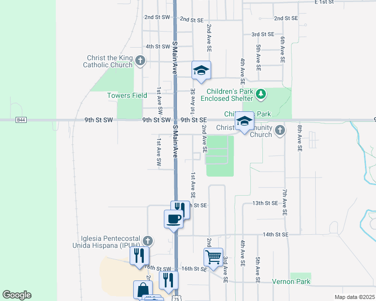 map of restaurants, bars, coffee shops, grocery stores, and more near 1097 1st Avenue Southeast in Sioux Center