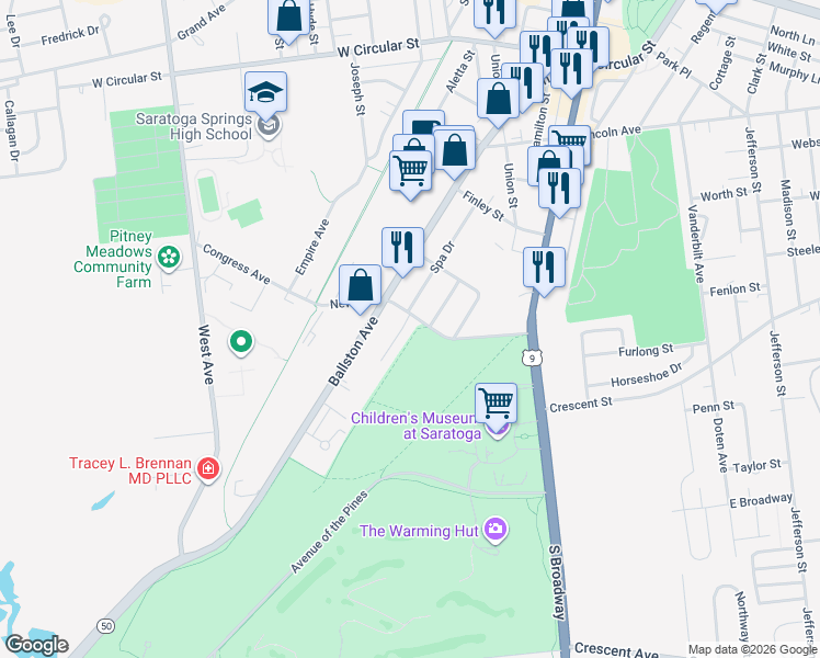 map of restaurants, bars, coffee shops, grocery stores, and more near 10 West Fenlon Street in Saratoga Springs