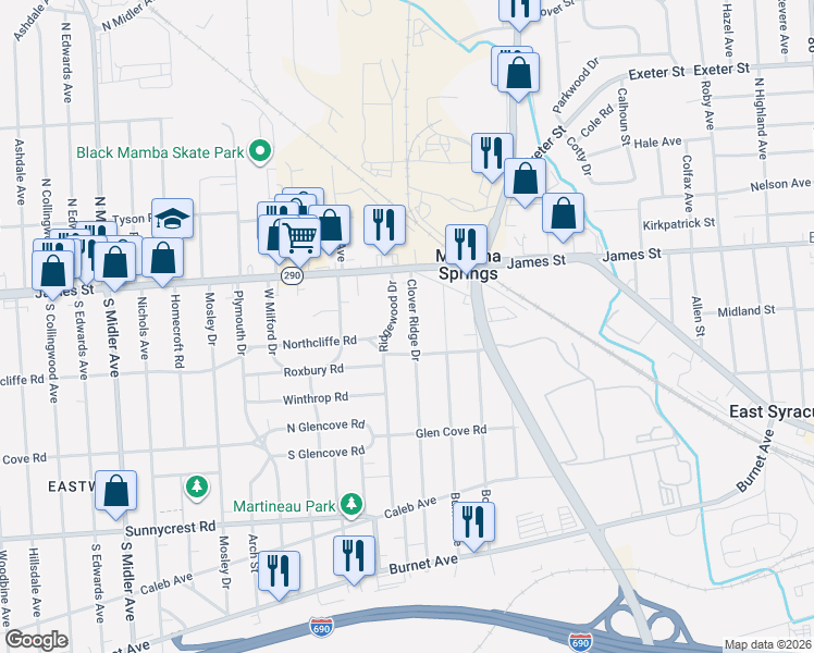 map of restaurants, bars, coffee shops, grocery stores, and more near 146-48 Clover Ridge Drive in Syracuse
