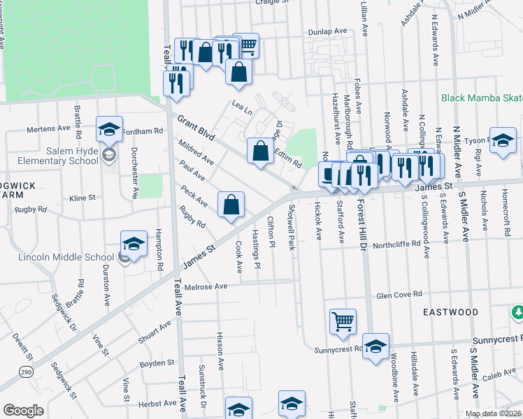 map of restaurants, bars, coffee shops, grocery stores, and more near 2125 James Street in Syracuse