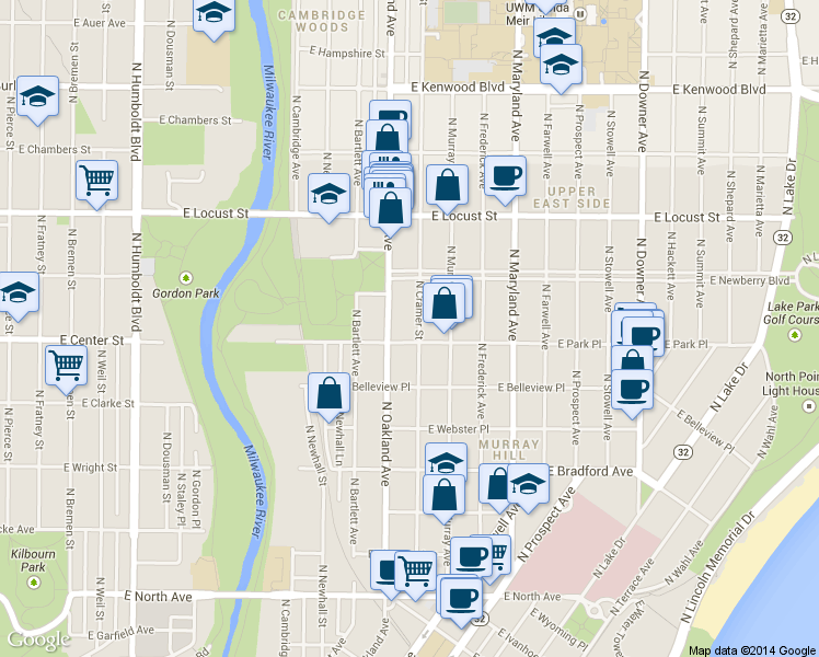 map of restaurants, bars, coffee shops, grocery stores, and more near 2728 North Cramer Street in Milwaukee
