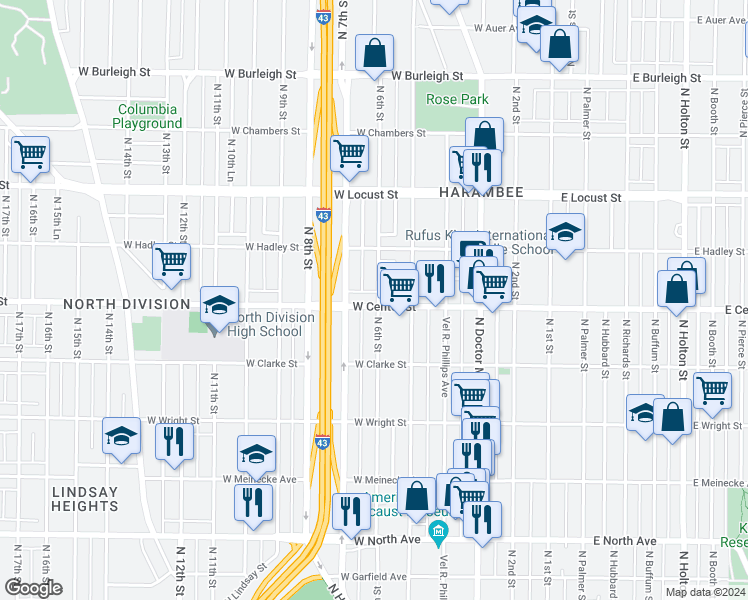 map of restaurants, bars, coffee shops, grocery stores, and more near 534-540 West Center Street in Milwaukee