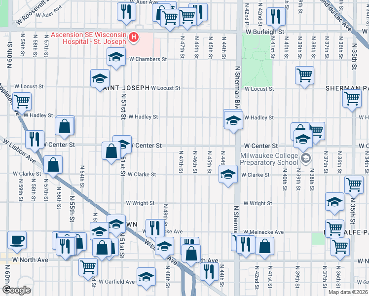 map of restaurants, bars, coffee shops, grocery stores, and more near 4630 West Center Street in Milwaukee