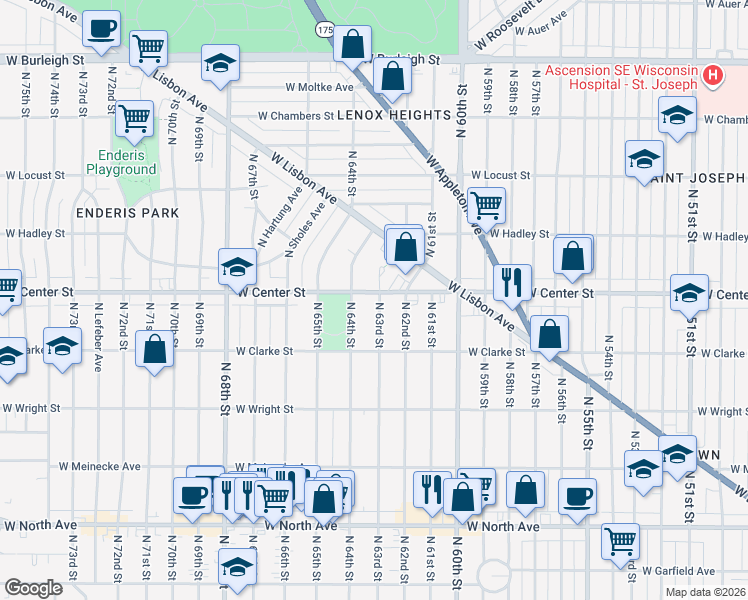map of restaurants, bars, coffee shops, grocery stores, and more near 6319 West Center Street in Milwaukee
