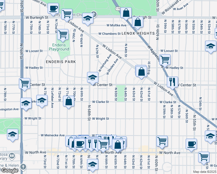 map of restaurants, bars, coffee shops, grocery stores, and more near 6520 West Center Street in Milwaukee
