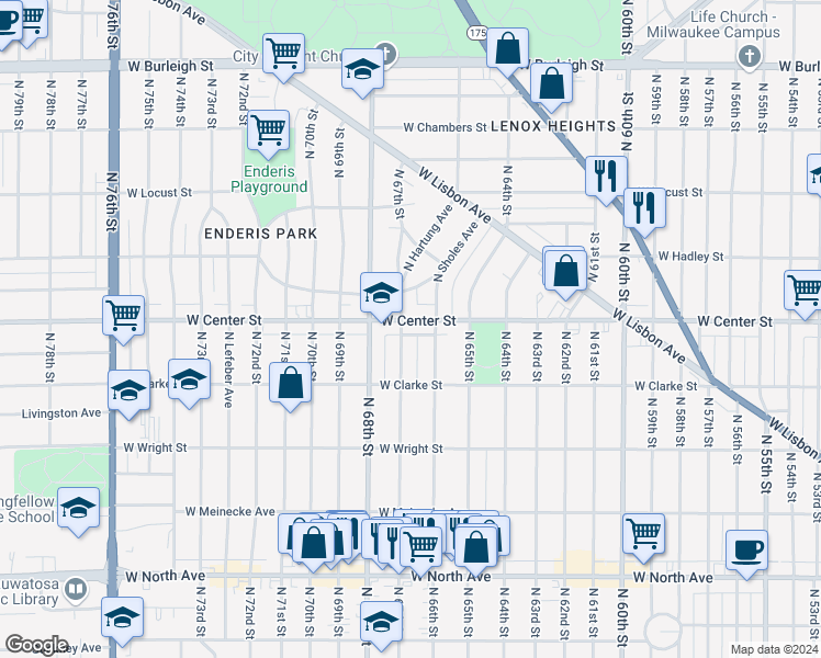 map of restaurants, bars, coffee shops, grocery stores, and more near 2672 North 67th Street in Wauwatosa