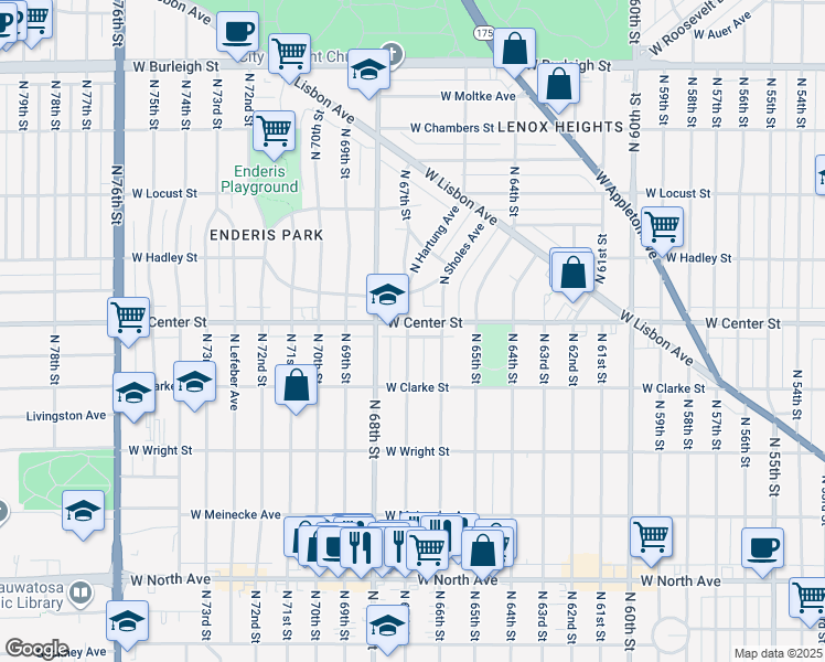 map of restaurants, bars, coffee shops, grocery stores, and more near 2672 North 67th Street in Wauwatosa