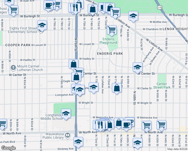 map of restaurants, bars, coffee shops, grocery stores, and more near in Wauwatosa