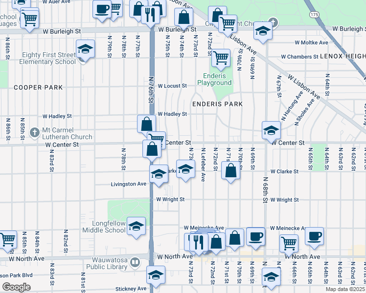 map of restaurants, bars, coffee shops, grocery stores, and more near in Wauwatosa