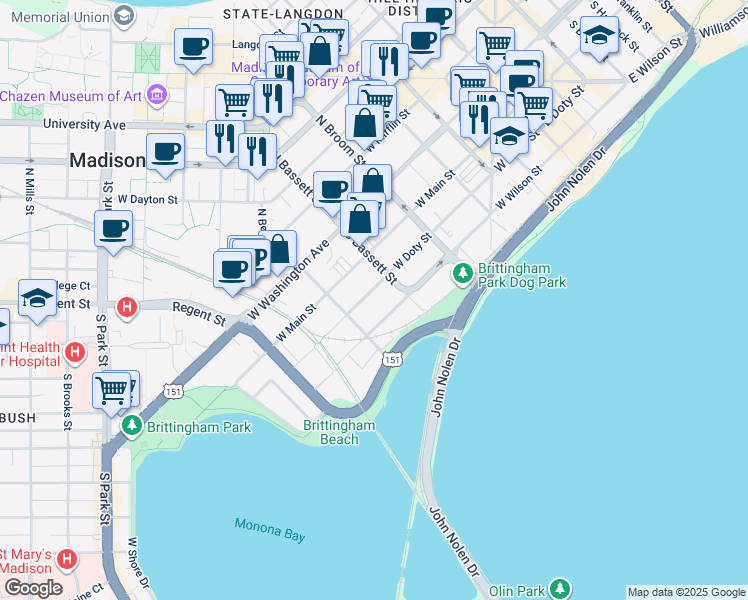 map of restaurants, bars, coffee shops, grocery stores, and more near 524 West Doty Street in Madison