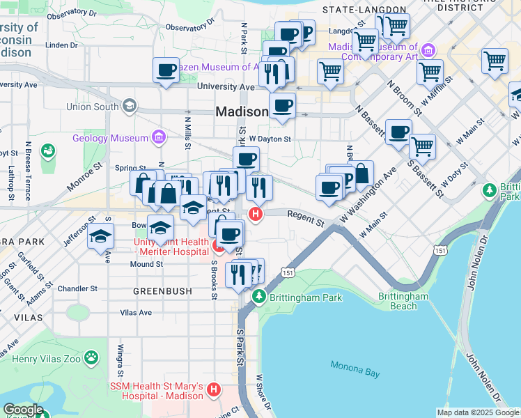 map of restaurants, bars, coffee shops, grocery stores, and more near in Madison