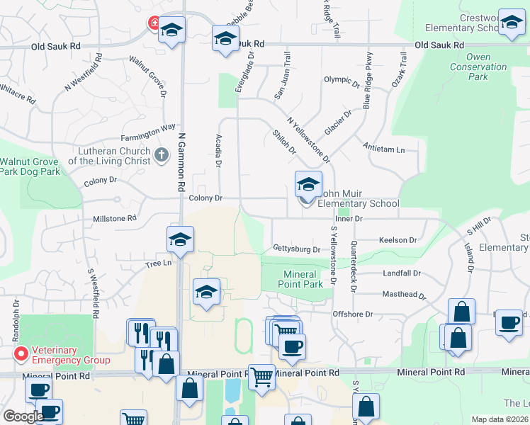 map of restaurants, bars, coffee shops, grocery stores, and more near 6713 Colony Drive in Madison