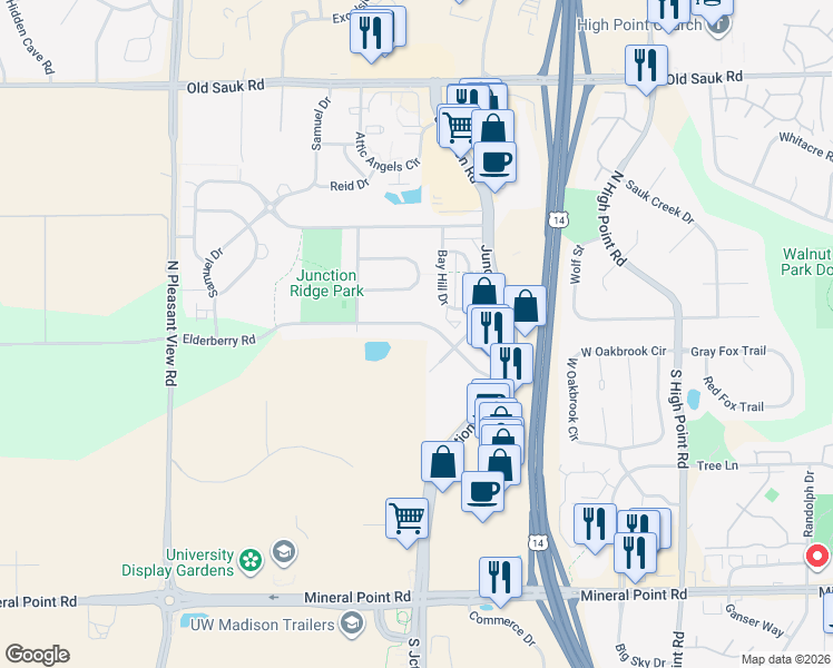map of restaurants, bars, coffee shops, grocery stores, and more near 8417 Elderberry Road in Madison