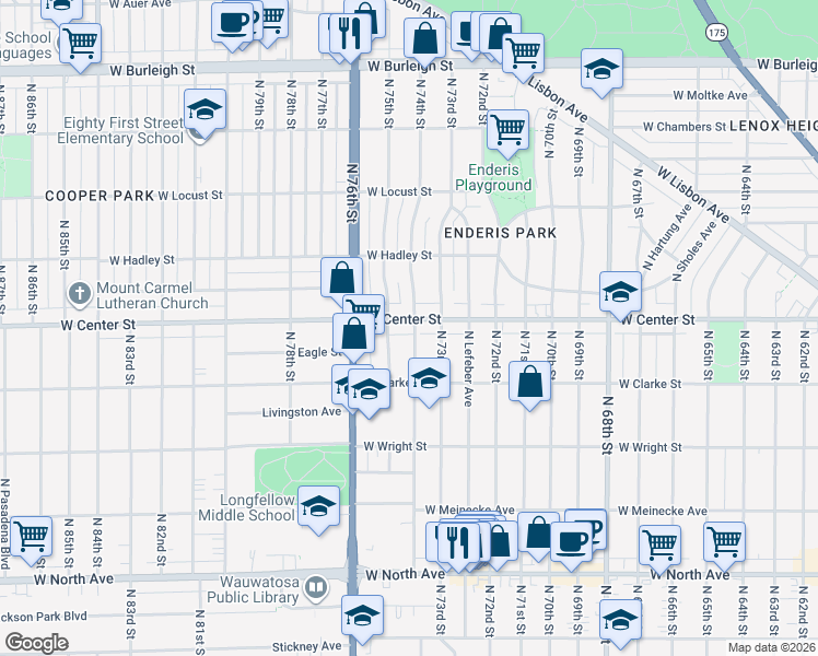 map of restaurants, bars, coffee shops, grocery stores, and more near 2671 North 74th Street in Wauwatosa