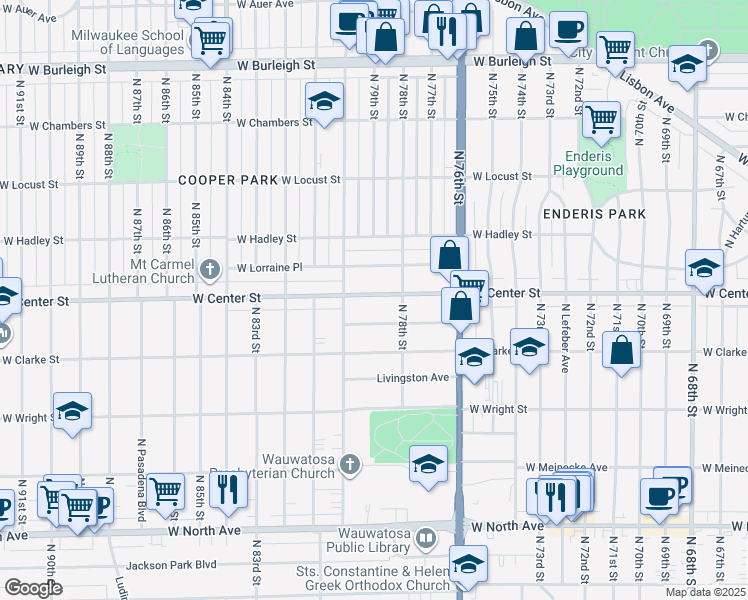map of restaurants, bars, coffee shops, grocery stores, and more near 7837 West Center Street in Milwaukee