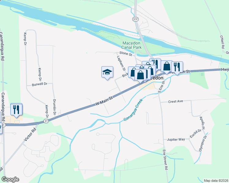 map of restaurants, bars, coffee shops, grocery stores, and more near 46 West Main Street in Macedon