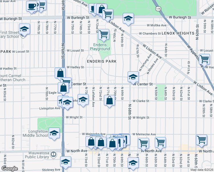 map of restaurants, bars, coffee shops, grocery stores, and more near 2673 North 71st Street in Wauwatosa