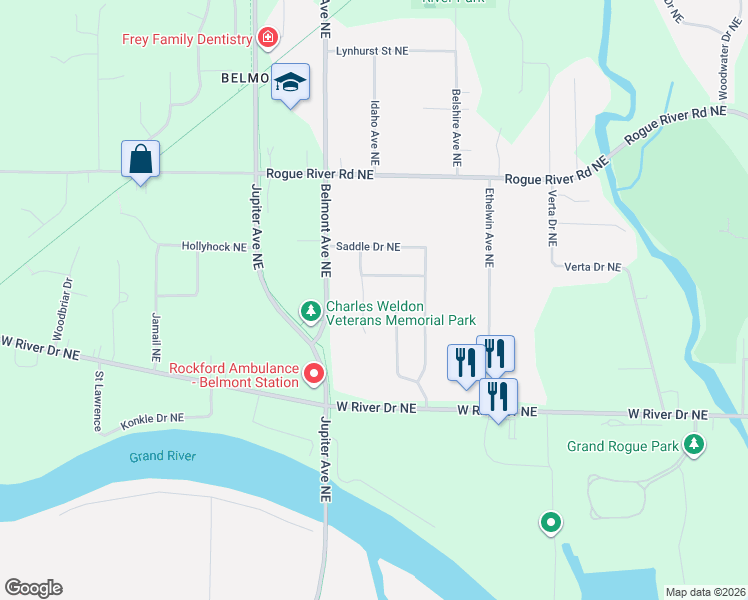 map of restaurants, bars, coffee shops, grocery stores, and more near 5769 Bayhill Northeast in Plainfield charter Township
